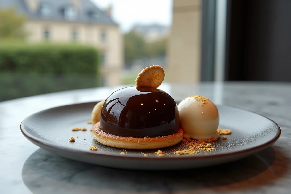 Dessert au dôme de chocolat noir et glace vanille élégamment dressé sur une assiette en céramique grise au restaurant Raffine Rivoli à Paris