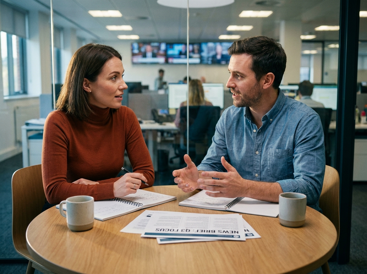 Deux journalistes discutant de la ligne éditoriale d'un article en réunion