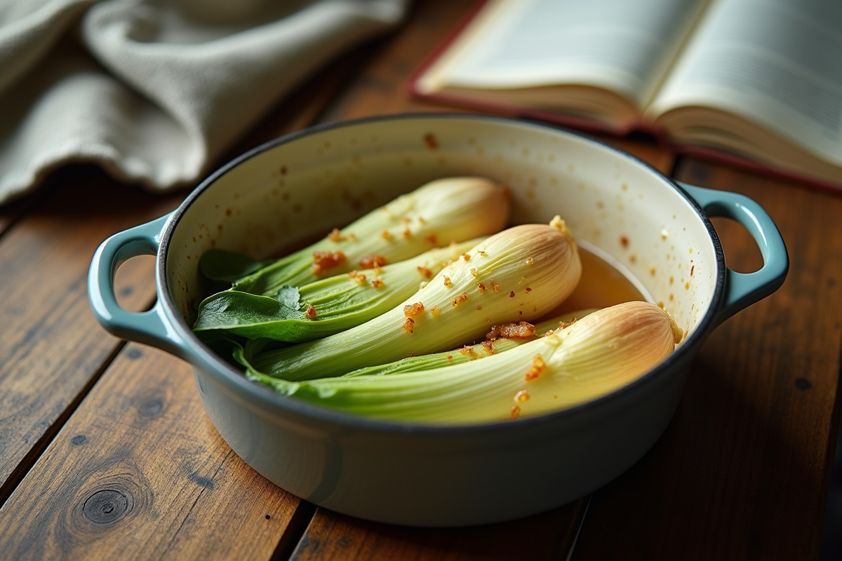 Endives dans un plat en céramique sur une table en bois