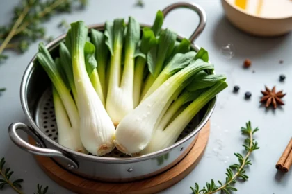 Endives disposées dans un panier vapeur avec thym, anis étoilé et bouillon de légumes pour une cuisson parfumée