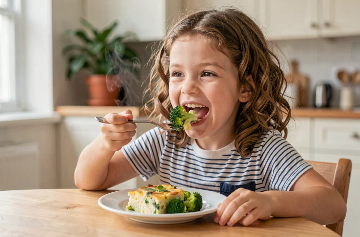 Petite fille mangeant un gratin de brocolis avec appétit à table, expression joyeuse et naturelle