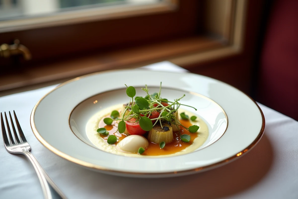 Entrée gastronomique finement dressée sur une assiette en porcelaine blanche au restaurant Raffine Rivoli à Paris, avec légumes de saison et réduction brillante