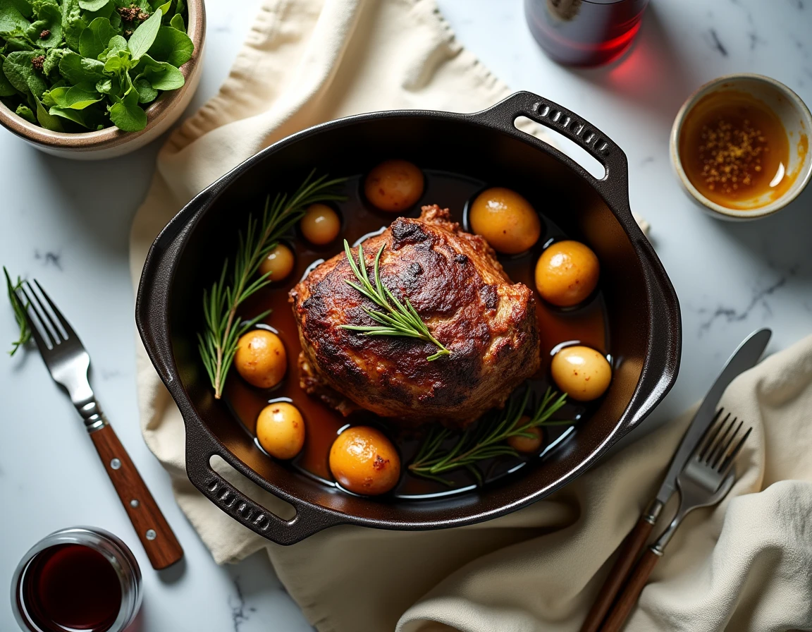 Vue de dessus d'une épaule d'agneau confite dans une cocotte en fonte avec miel, herbes du jardin et légumes rôtis, stylisme table complète