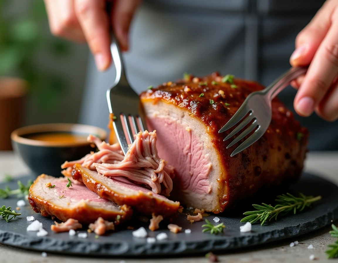 Gros plan sur une épaule d'agneau confite effilochée au miel, tirée à la fourchette sur une ardoise de service avec herbes fraîches