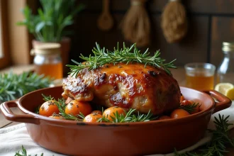 Épaule d'agneau confite basse température au miel et aux herbes fraîches, présentée dans un plat en terre cuite sur une table en bois rustique