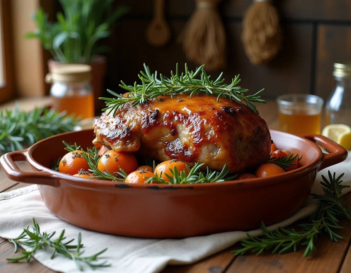 Épaule d'agneau confite basse température au miel et aux herbes fraîches, présentée dans un plat en terre cuite sur une table en bois rustique
