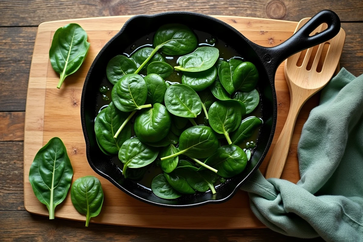 Épinards trop cuits et détrempés dans une poêle en fonte, erreur courante de cuisson des épinards frais