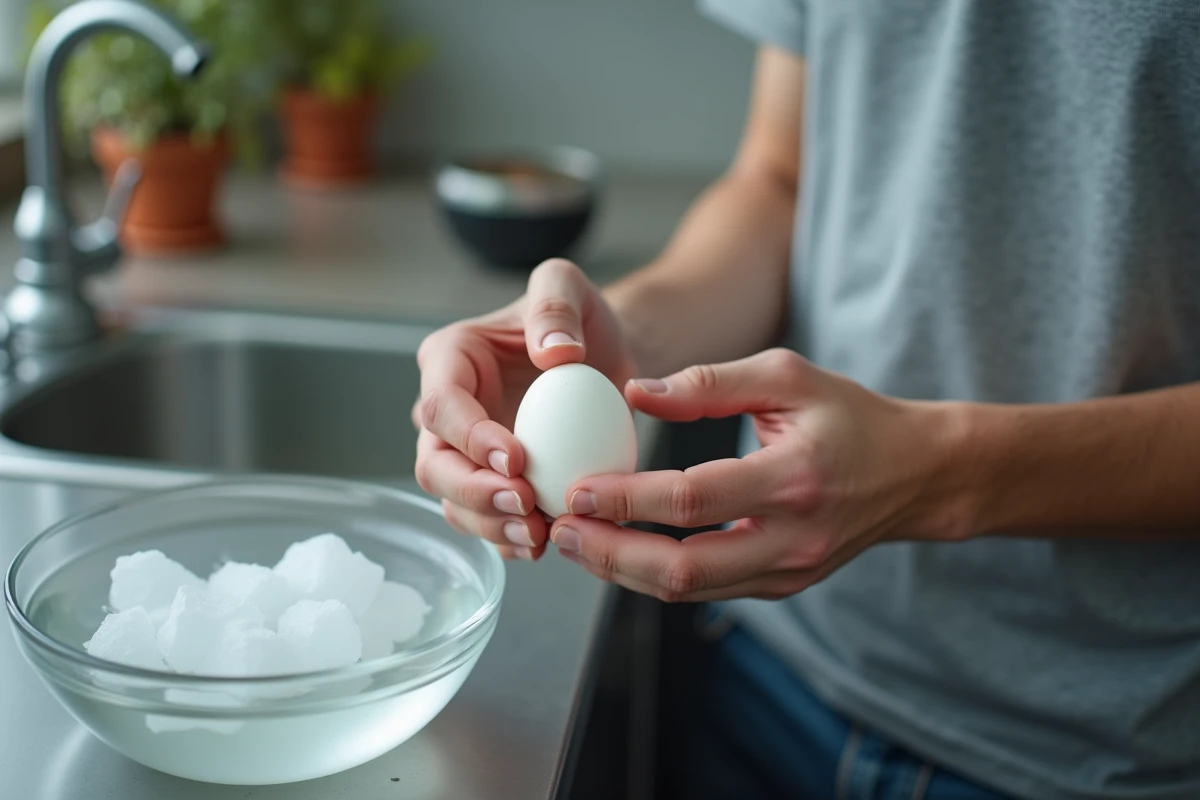 Homme épluchant facilement un œuf dur cuit à l'eau froide, la coquille se détachant parfaitement grâce au choc thermique