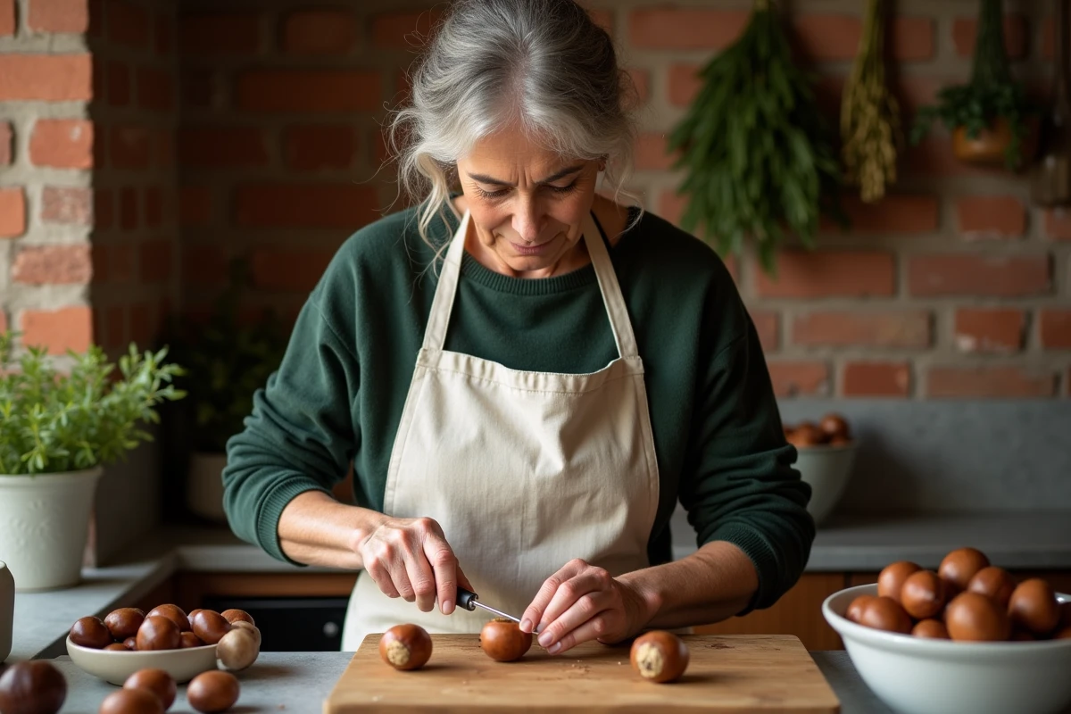 Femme épluchant des châtaignes avec un couteau sur une planche en bois dans une cuisine rustique française