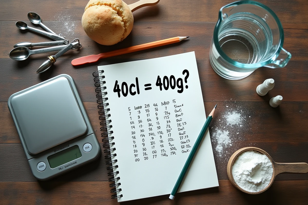 Vue aérienne d'une tasse graduée de 40 cl, une balance et des notes manuscrites sur les erreurs de conversion en cuisine
