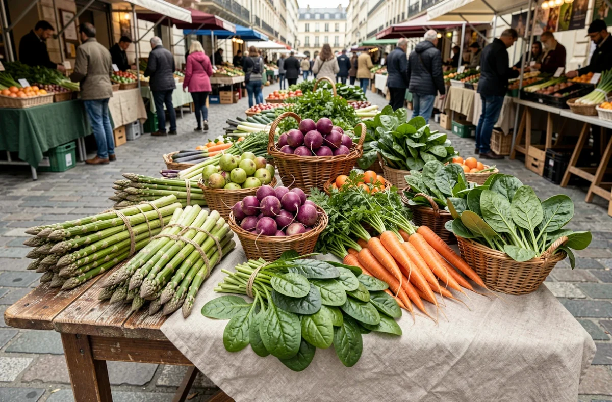 Étal de marché printanier avec des légumes de saison d'avril comme les asperges, radis et carottes nouvelles