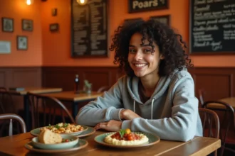 Étudiante souriante attablée dans le restaurant libanais Le Cèdre rue Mouffetard à Paris avec des plats de mezze