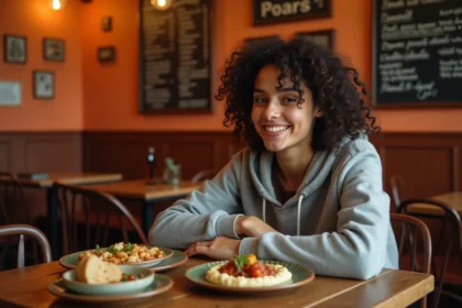 Étudiante souriante attablée dans le restaurant libanais Le Cèdre rue Mouffetard à Paris avec des plats de mezze