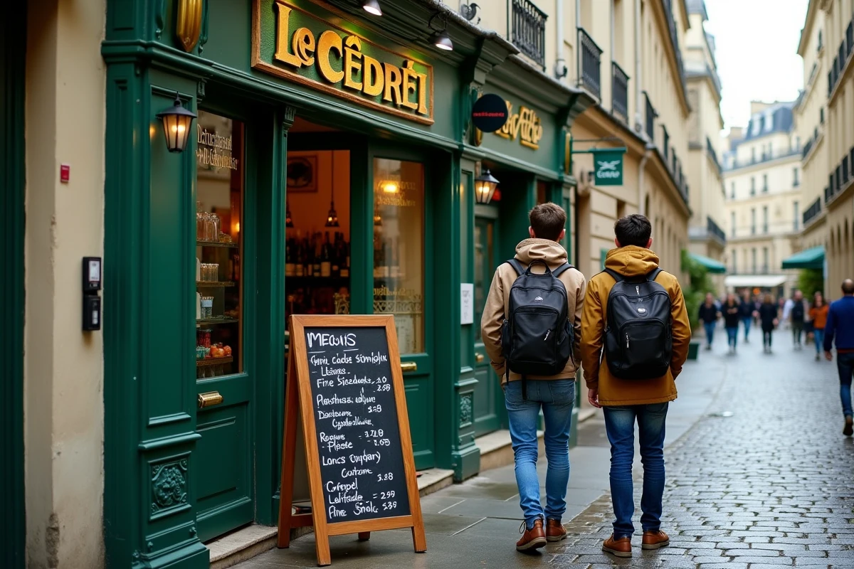 Façade du restaurant Le Cèdre sur la rue Mouffetard à Paris avec deux étudiants consultant le menu