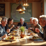 Famille multigenerationale mangeant dans un restaurant rennais chaleureux