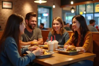 Famille de quatre personnes partageant un repas chez Shake Shack, burgers et milkshakes sur plateau