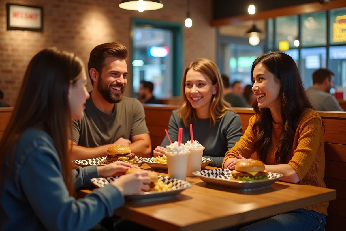 Famille de quatre personnes partageant un repas chez Shake Shack, burgers et milkshakes sur plateau