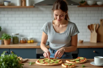 Femme en cuisine préparant des mini pizzas de courgette