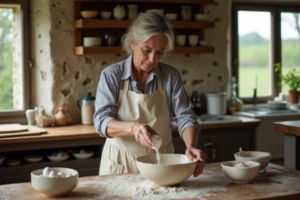 Femme bretonne verse des œufs dans un bol en cuisine chaleureuse
