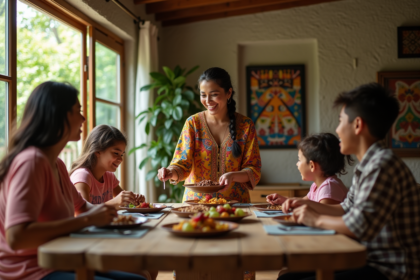 Femme brésilienne souriante servant une feijoada traditionnelle en famille