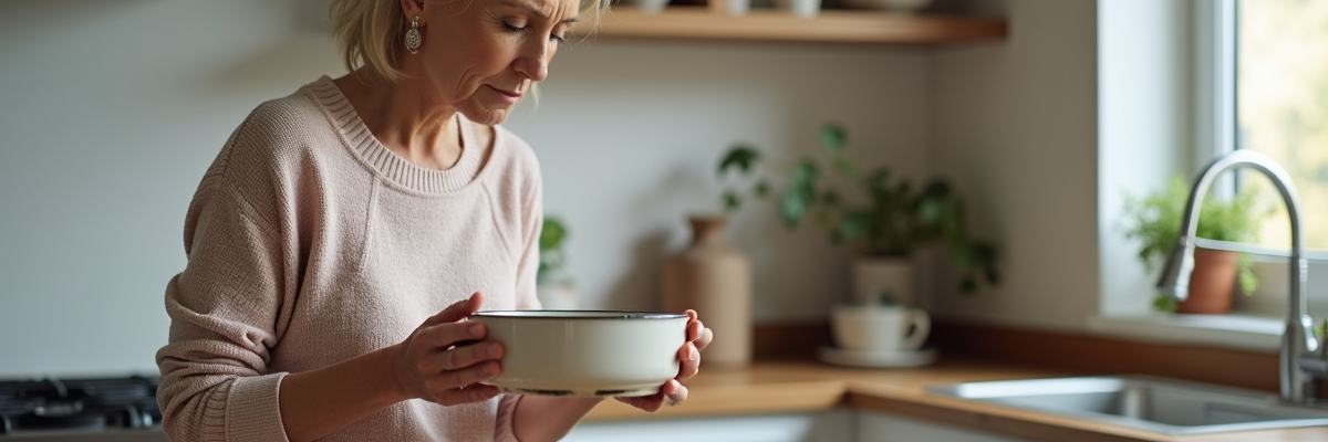Femme d'âge moyen examine une casserole en cuisine moderne