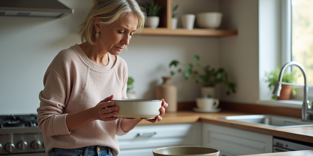 Femme d'âge moyen examine une casserole en cuisine moderne