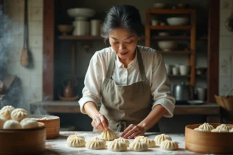Femme chinoise façonnant des dumplings dans une cuisine rustique
