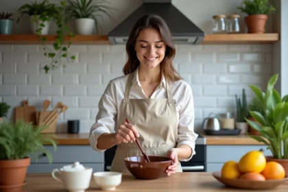 Femme en cuisine préparant une creme au chocolat