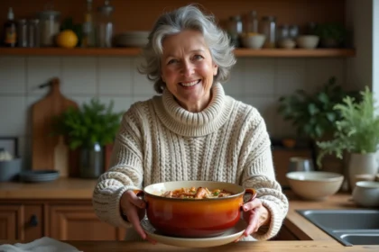 Femme souriante présentant une cocotte en céramique rustique
