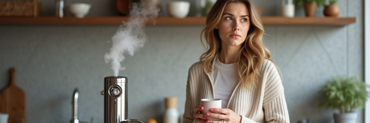 Femme contemplant un siphon à crème fouettée dans une cuisine moderne