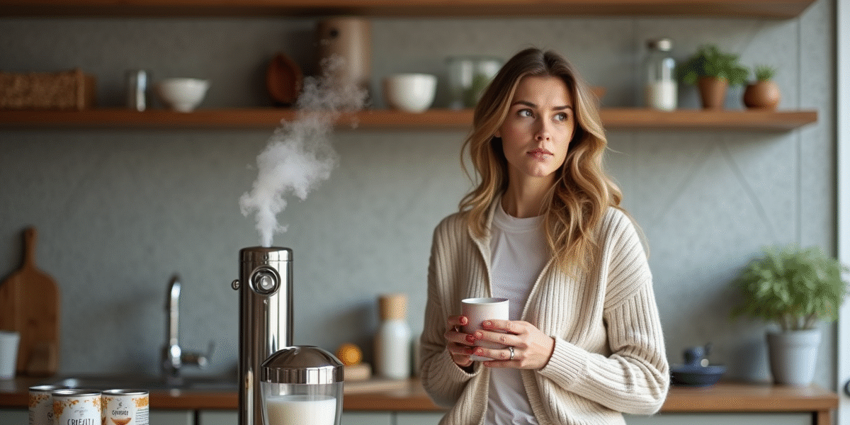Femme contemplant un siphon à crème fouettée dans une cuisine moderne
