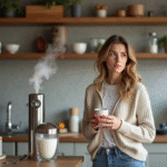 Femme contemplant un siphon à crème fouettée dans une cuisine moderne