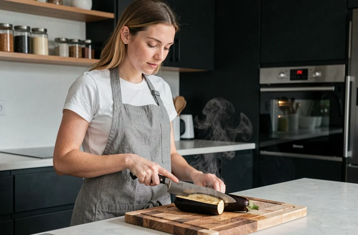 Femme préparant des aubergines rôties au four en semaine dans une cuisine moderne avec tablier en lin gris