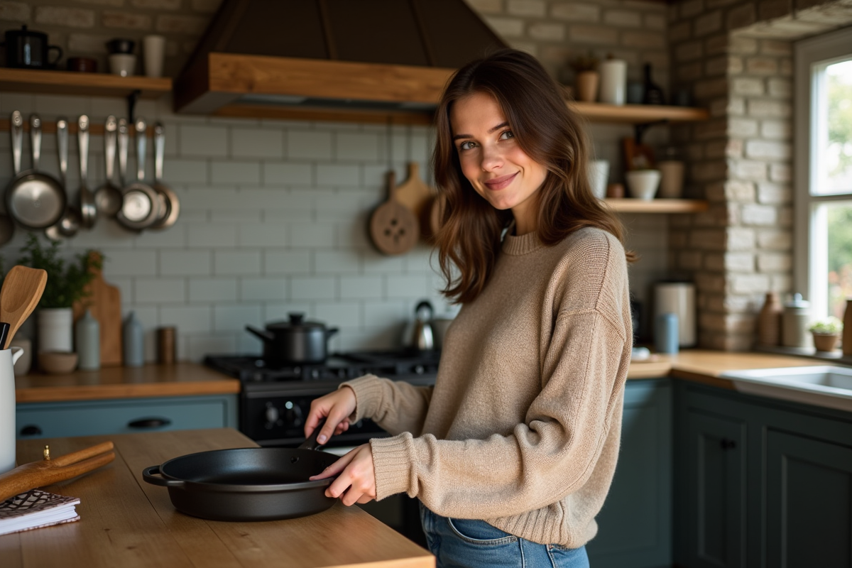 Jeune femme testant une poêle en fonte dans une cuisine chaleureuse