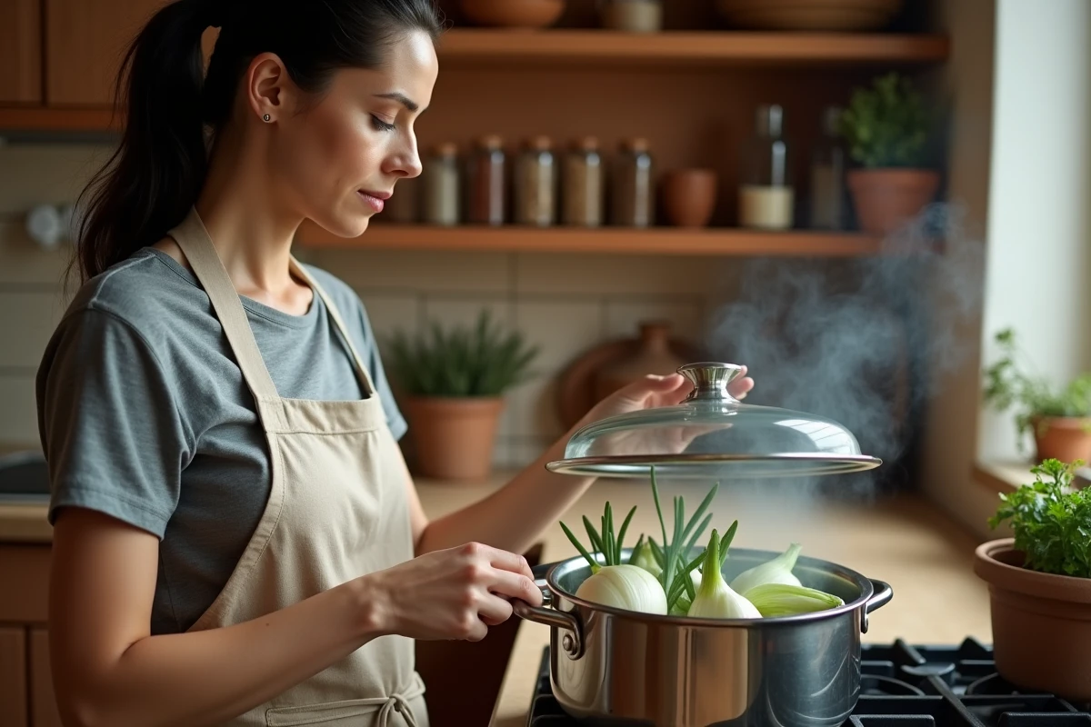 Femme en tablier de lin couvrant une casserole d'endives en train de cuire à la vapeur avec des herbes fraîches dans une cuisine rustique française