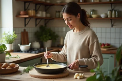 Femme préparant une fondue de poireaux dans une cuisine chaleureuse