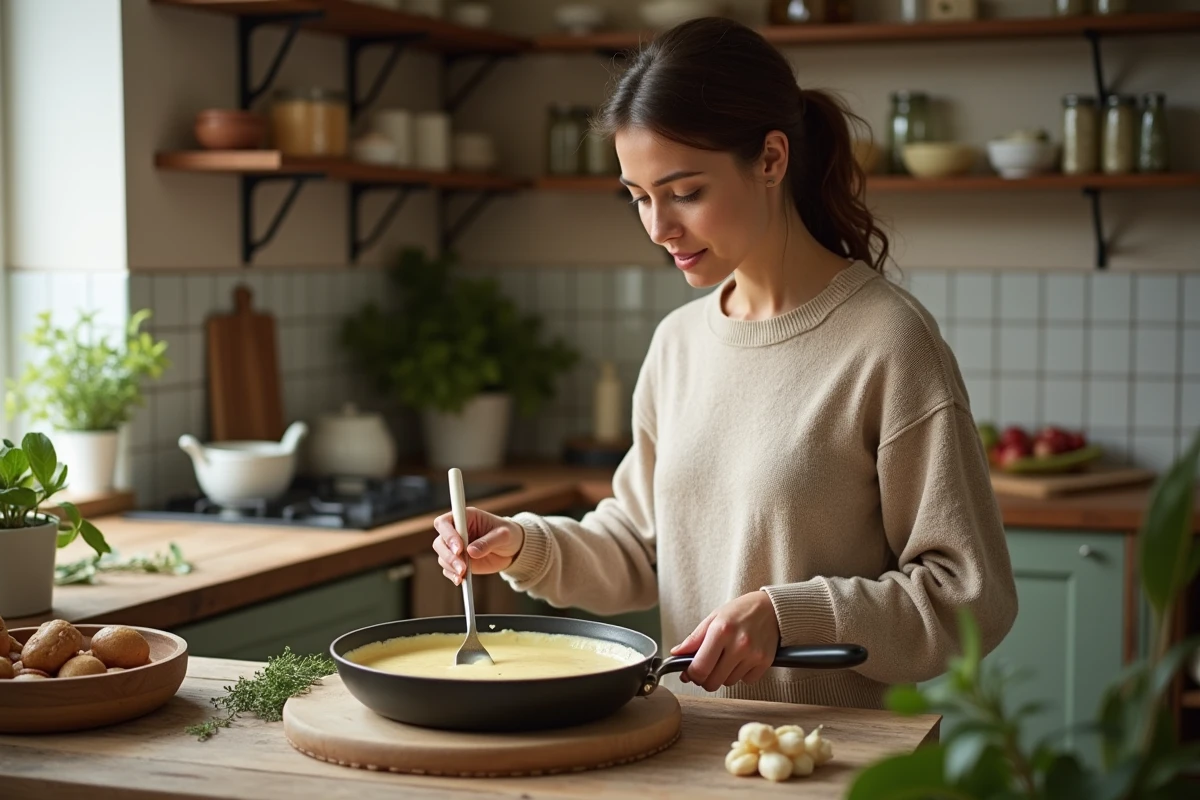 Femme préparant une fondue de poireaux dans une cuisine chaleureuse
