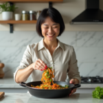 Femme souriante en cuisine avec légumes colorés