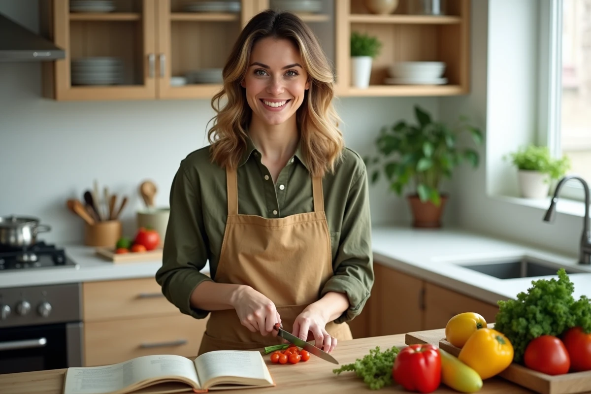 Femme souriante en cuisine avec légumes frais et carnet