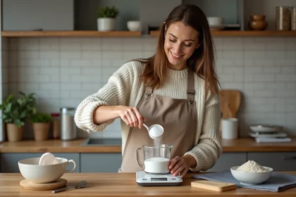 Femme en cuisine mesurant du sucre avec une balance digitale
