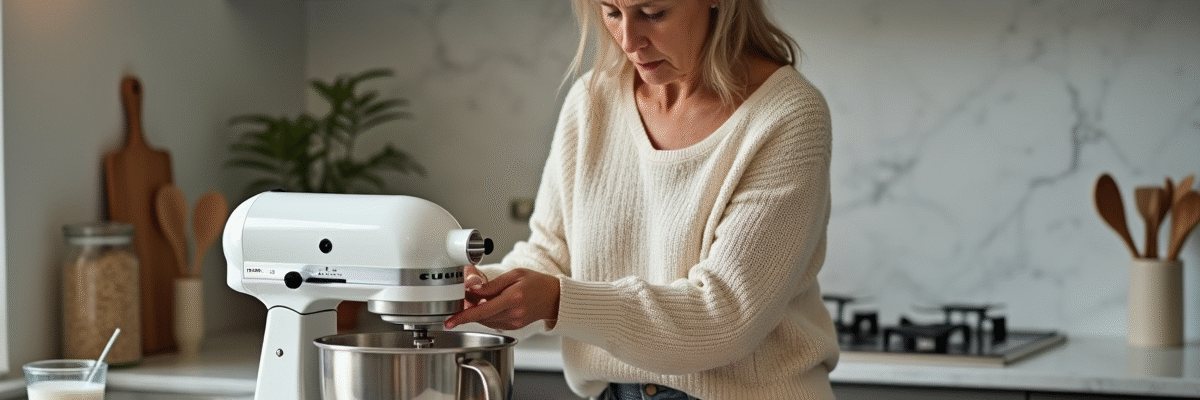 Femme examinant un mixeur avec bol coincé dans la cuisine