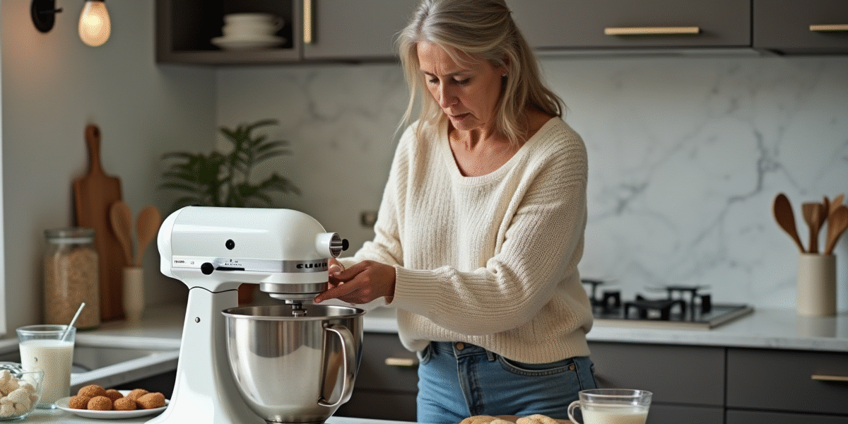 Femme examinant un mixeur avec bol coincé dans la cuisine