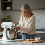 Femme examinant un mixeur avec bol coincé dans la cuisine