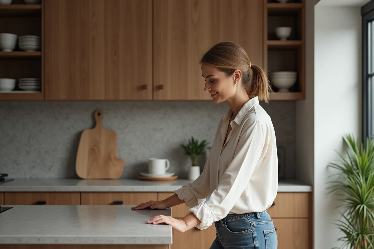 Femme dans sa cuisine moderne touche un meuble avec sourire