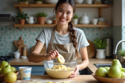 Jeune femme en cuisine préparant un gâteau aux poires