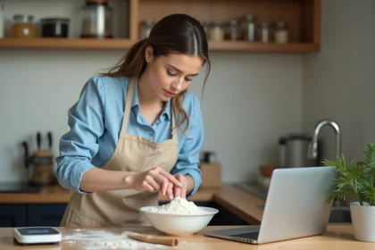 Jeune femme en cuisine préparant de la pâte à la main