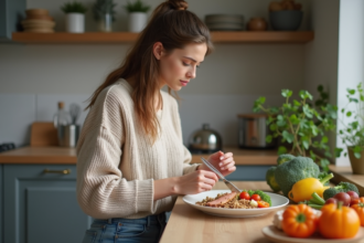 Jeune femme préparant un repas équilibré dans la cuisine