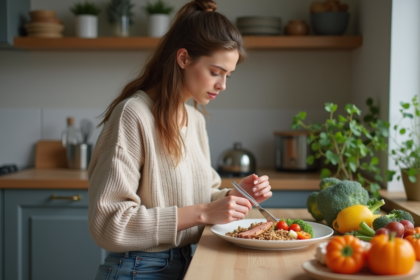 Jeune femme préparant un repas équilibré dans la cuisine