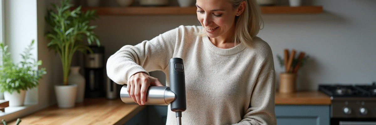 Femme versant soupe dans un bol en cuisine chaleureuse