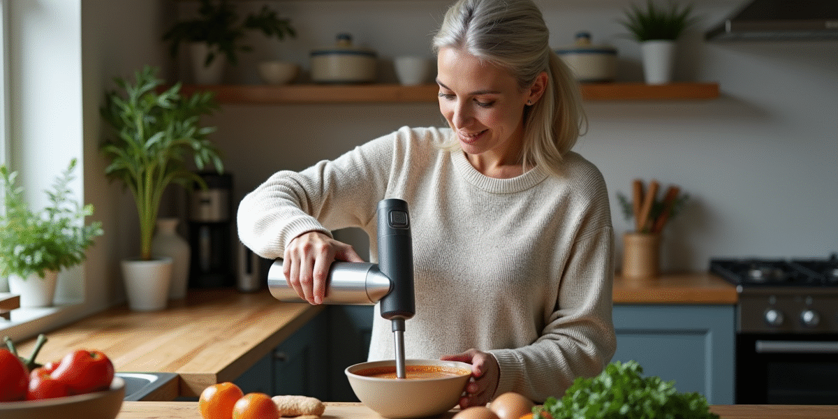 Femme versant soupe dans un bol en cuisine chaleureuse